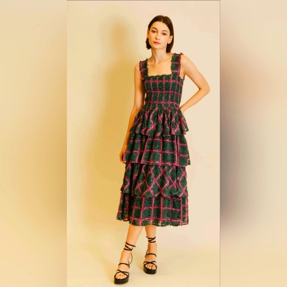 Aureum Tiered Grid Dress. NWT